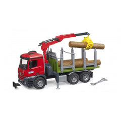 Red Bruder MB Arocs timber truck toy with loading crane holding logs, detailed design, resembling real heavy-duty vehicle.