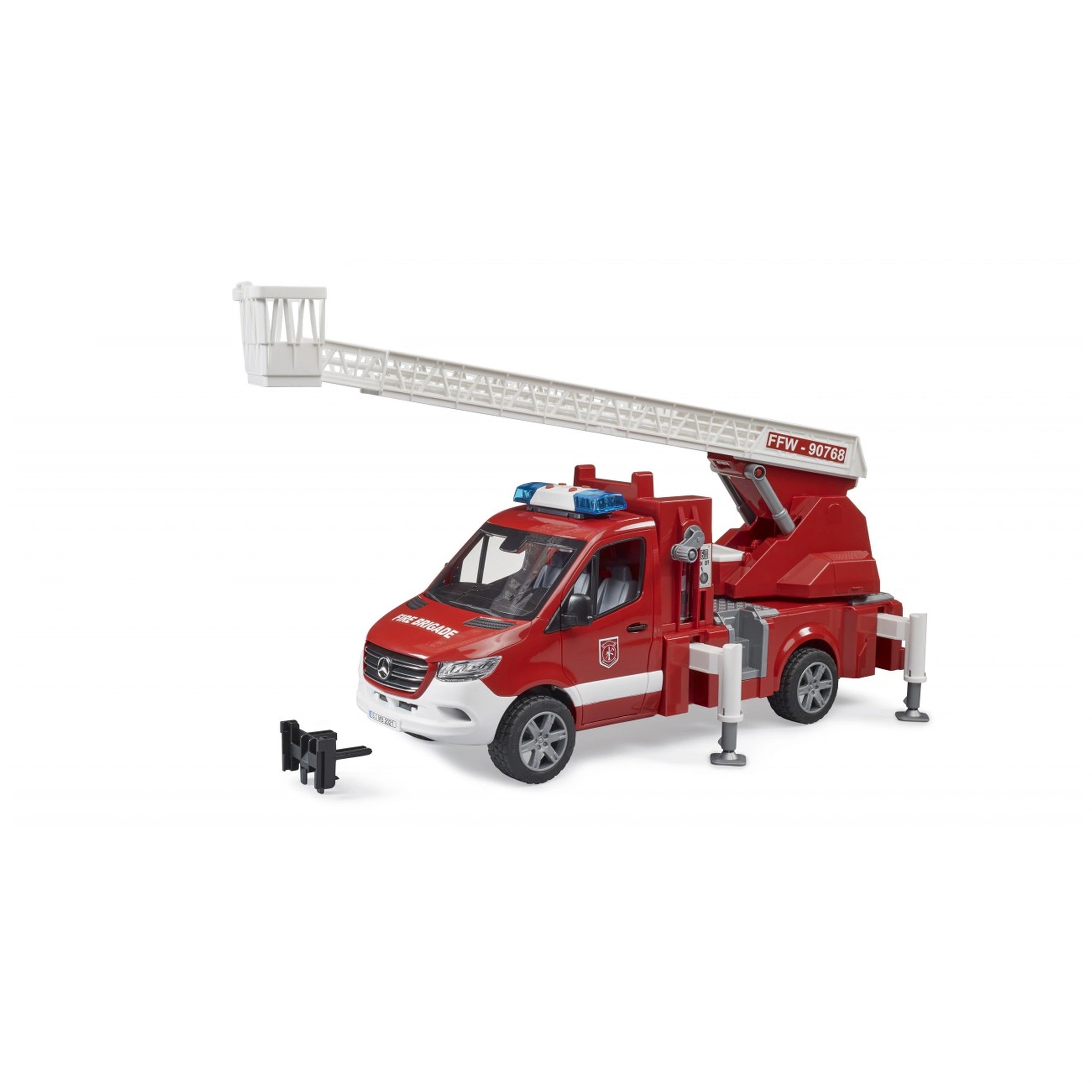 Red Bruder MB Sprinter fire truck toy with turntable ladder extended, featuring blue lights and detailed design.