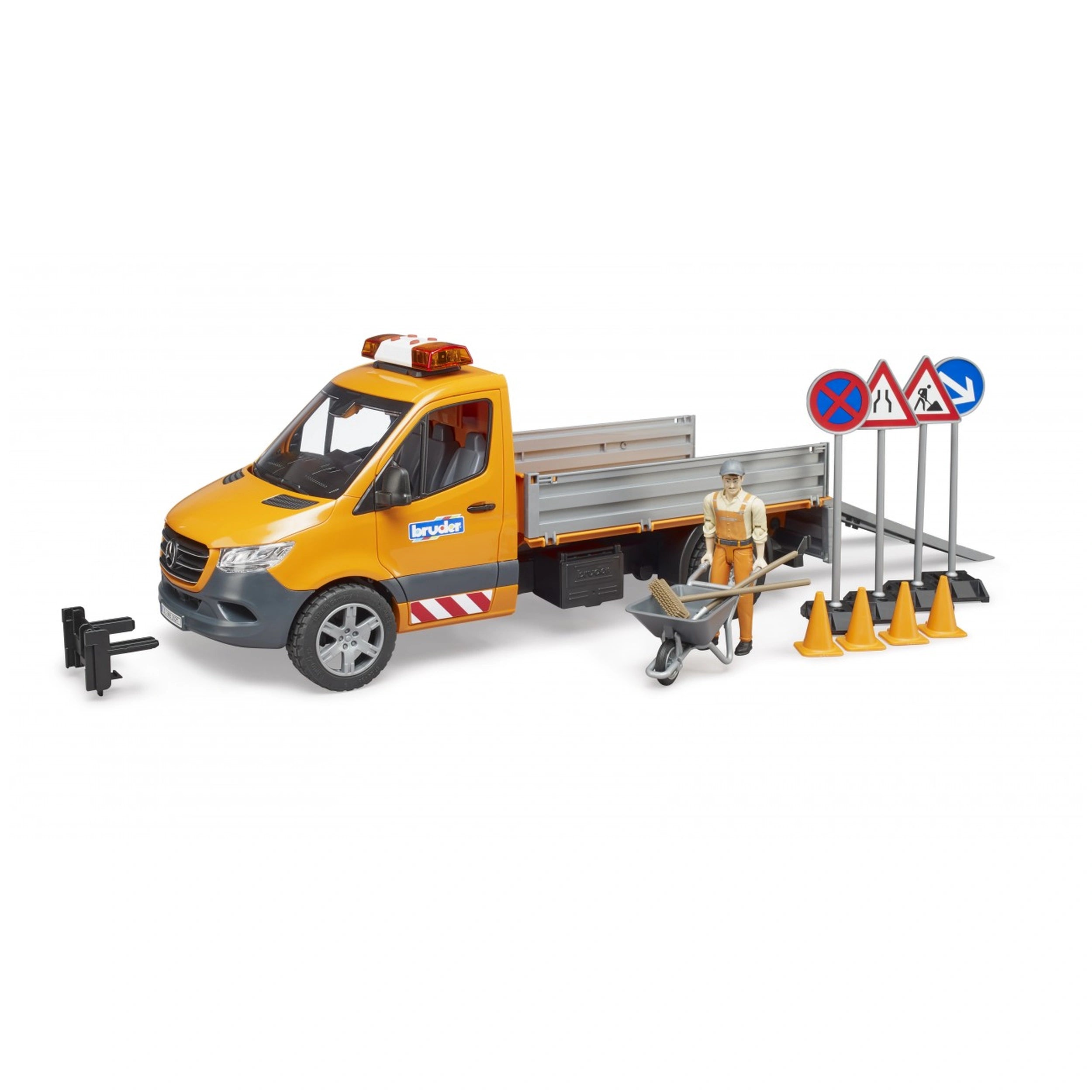 Orange and black Mercedes-Benz Sprinter toy with accessories, including traffic signs, pylons, wheelbarrow, and a road worker figure.