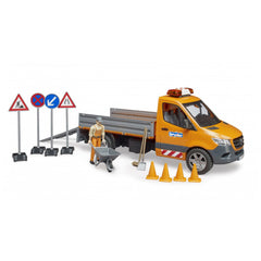 Orange Bruder MB Sprinter Municipal Vehicle with road signs, cones, a construction worker, wheelbarrow, and tools.