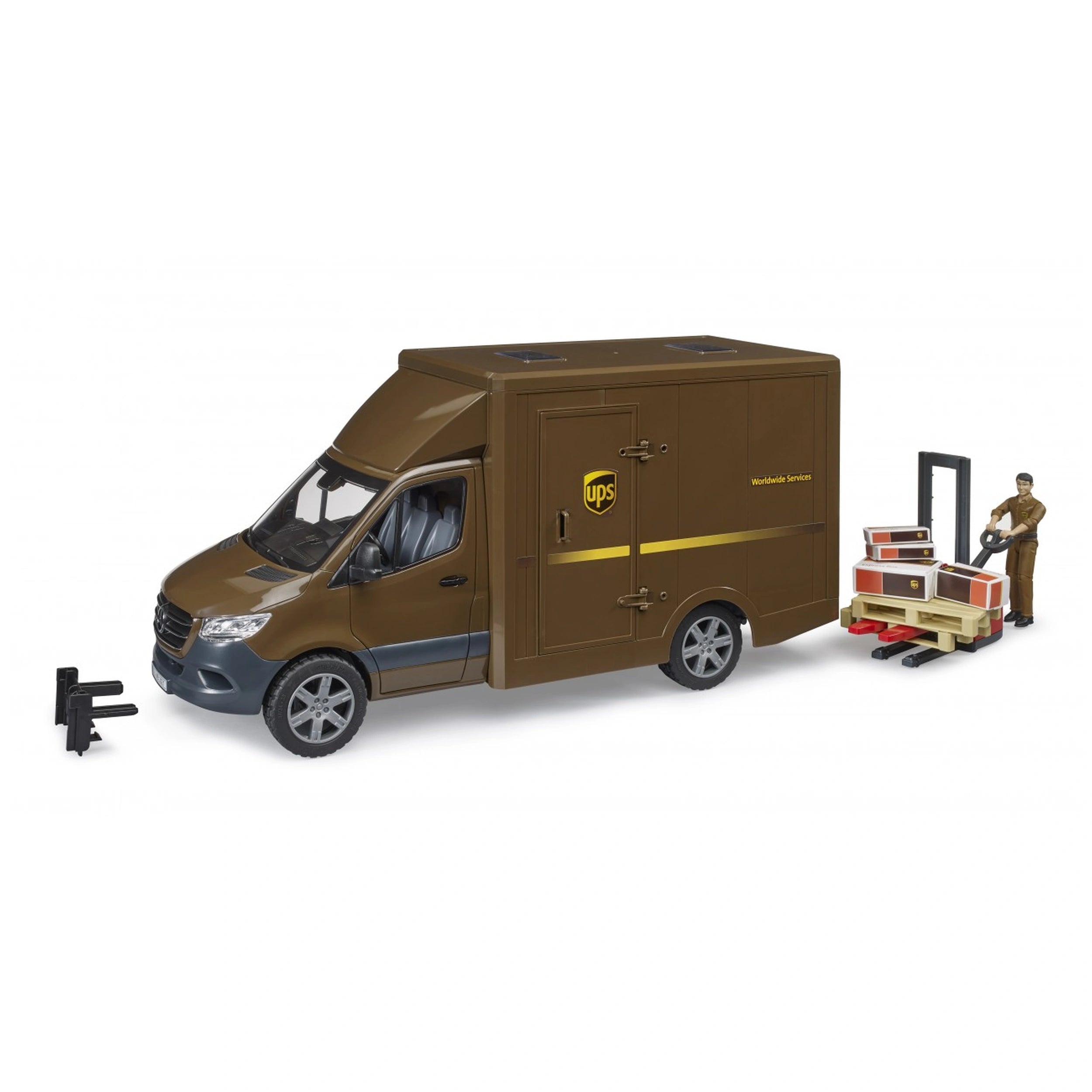 Bruder MB Sprinter UPS toy vehicle with driver, brown truck, packages on a pallet, and loading accessories.
