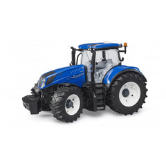 Blue New Holland T7 315 toy tractor with large black tires, clear cab, side view.