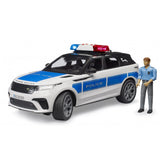 Range Rover Velar Police toy with blue accents, siren lights, and a uniformed officer figure beside it.