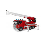 Red Bruder Scania Super 560R fire engine toy with extended ladder and stabilizers, featuring realistic design elements.