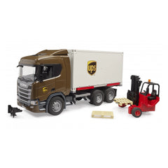 Bruder Scania UPS truck and forklift toy set, brown cab with white container, red forklift with pallet.