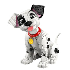 Dalmatian puppy model made of LEGO bricks, featuring a playful expression, red collar, and black spots on a white body.