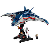 LEGO Quinjet from Avengers: Age of Ultron featuring intricate details, standing on a display stand with Iron Man, Black Widow, and other minifigures.