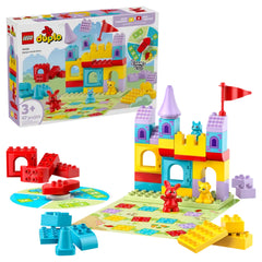 Colorful LEGO® DUPLO® Hopsy’s Castle Game set with a bright castle, adorable animal figures, a playboard, and building bricks.