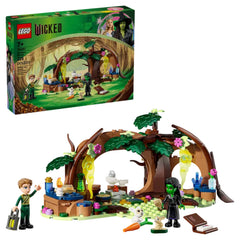 LEGO Elphaba's Retreat set featuring vibrant green trees, enchanting elements, and characters from Wicked, designed for kids 7+.