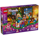 LEGO Friends Advent Calendar 2025 box featuring five diverse minidolls, playful animals, colorful gifts, and a cozy holiday scene.