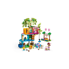 LEGO Friends Cat Birthday Party & Tree House set featuring two minidolls, colorful decorations, five cat figures, and a vibrant treehouse.