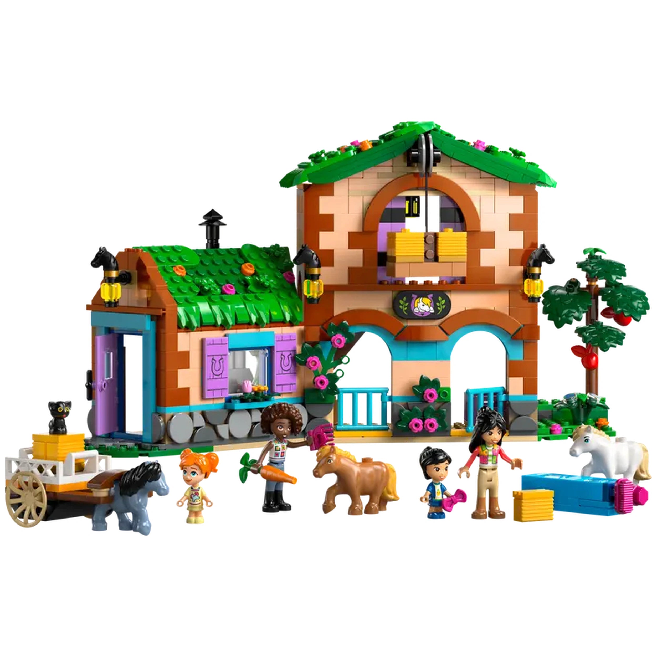 Colorful LEGO® Friends Pony Ranch and Stable set featuring a charming building with flowers, four characters, and three playful ponies.