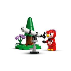 LEGO Animal Crossing Stargazing set featuring a red owl minifigure named Celeste near a telescope and colorful flowers.