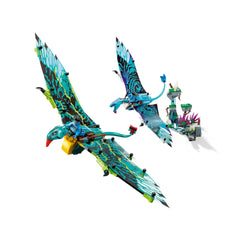 LEGO® Avatar construction set features two vibrant Banshee figures in blue and green, soaring above a detailed section of Pandora's Hallelujah Mountains, complete with colorful flora and glow-in-the-dark elements.