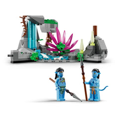 LEGO® Avatar Jake and Neytiri construction set featuring a vibrant landscape with a waterfall, pink plant, and two minifigures.