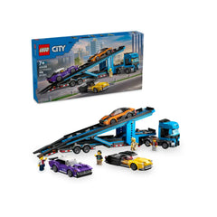 LEGO® City Car Transporter set displaying a blue truck with a detachable dual-level trailer, three sports cars, and minifigures, set against a city backdrop.