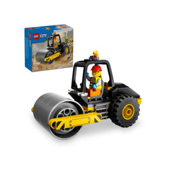 LEGO City Construction Steamroller set featuring a construction worker minifigure with a hard hat, alongside the product box.