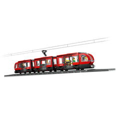 LEGO® City Downtown Streetcar features a vibrant red design with multiple passenger windows, showcasing minifigures inside, set on a black rail.