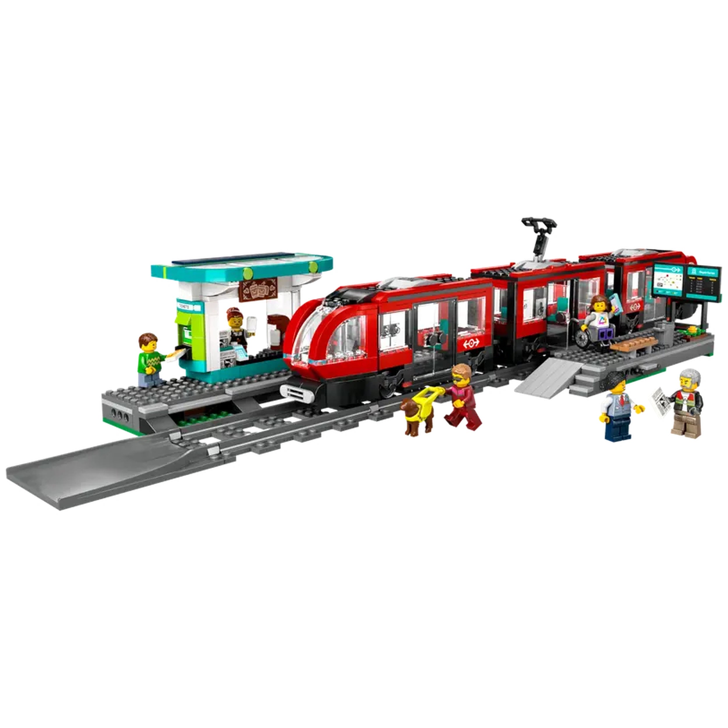 LEGO® City Downtown Streetcar and Station set featuring a red streetcar, detailed station with coffee shop, and five minifigures engaging at the platform.