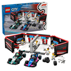 LEGO® City F1® Garage set featuring two race cars, mechanics, and a detailed garage with tools and trophies, suitable for ages 7 and up.