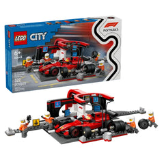 LEGO City F1 Pit Stop set featuring a vibrant red Ferrari car, four pit crew minifigures, and detailed pit stop accessories.