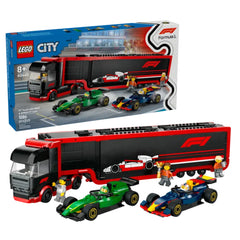 LEGO City F1 Truck set featuring red and black transport truck, two F1 racing cars in green and blue, and four mini-figures on a racetrack.