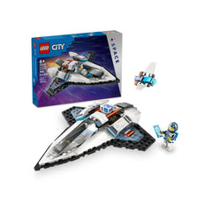 LEGO® City Interstellar Spaceship construction set with a sleek spacecraft, a drone bot, and a space crew minifigure, featuring vibrant colors against a cosmic background.