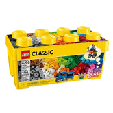 Colorful LEGO Classic Medium Creative Brick Box, featuring 484 bricks in various colors with a yellow lid and design elements.