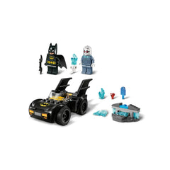 LEGO Batman minifigure stands beside Mr. Freeze with a buildable Batmobile, surrounded by ice crystal accessories and a control panel.
