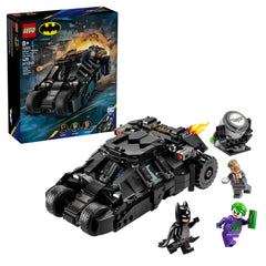 LEGO set featuring the black Tumbler Batmobile, alongside Batman and Joker minifigures, with packaging in the background.