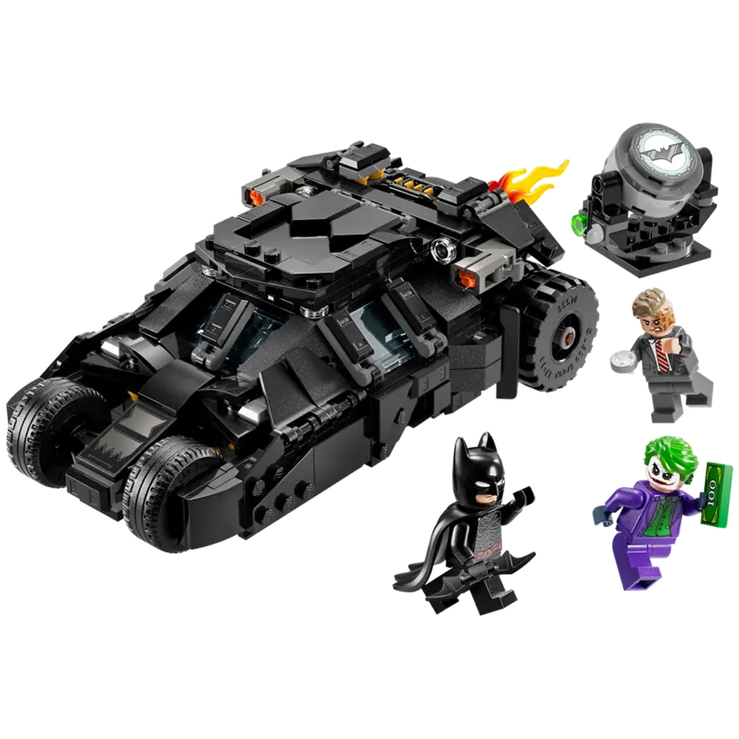 LEGO Batman Tumbler with Black Batmobile, two minifigures: Batman in a black suit and cape, and Joker in a purple suit, alongside Two-Face in a gray outfit holding a coin.