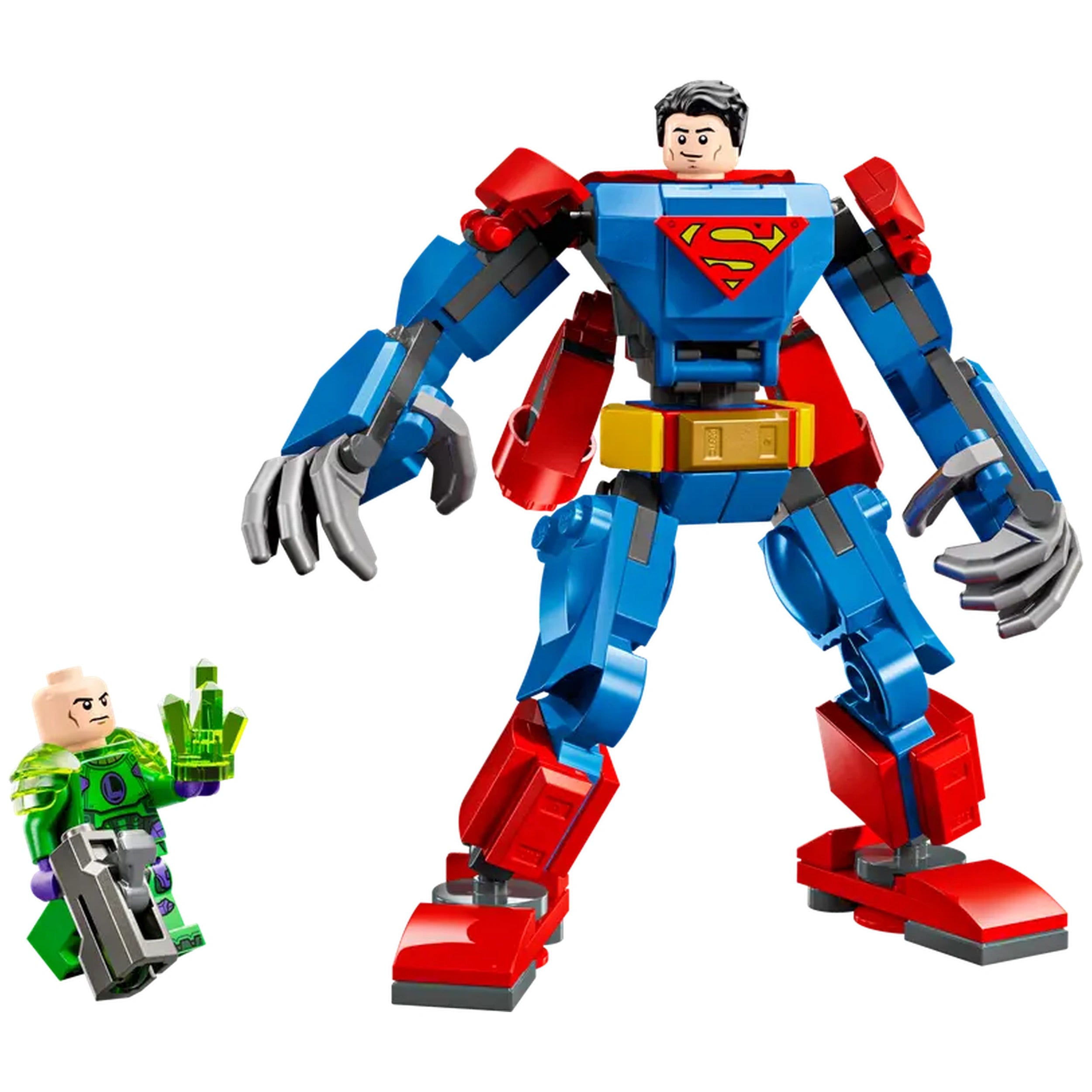 Superman Mech in vibrant blue and red stands tall with intricate details, alongside Lex Luthor in green, wielding a stud shooter.