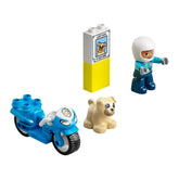 LEGO® DUPLO® Rescue Police Motorcycle set featuring a blue motorcycle, a police officer figure, a brown dog, and a ‘lost dog’ poster.