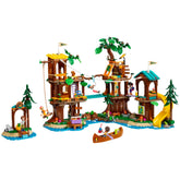 LEGO Friends Adventure Camp Tree House construction set featuring colorful treehouses, mini-dolls, animals, and a zip line.