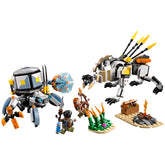 LEGO® Horizon Adventures™ construction set featuring minifigures Aloy and Varl battling a Shell-Walker and Sawtooth, surrounded by green grass and treasure chest.