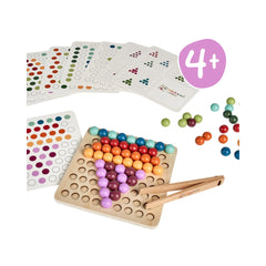 Montessori by Eichhorn - Sorting Beads Educational Set for Kids Ages 4 Years+ - 100-Piece FSC-Certified Wooden Pegboard Pattern-Matching Game with Tweezers and 8 Design Cards