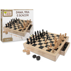 Teorema - Ensemble en bois 3-en-1 de jeux d'échecs, de dames et de Tria - Jeux de société