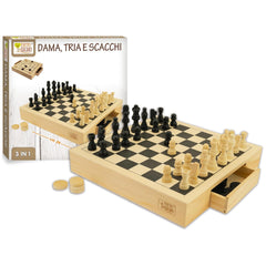 Teorema - Ensemble en bois 3-en-1 de jeux d'échecs, de dames et de Tria - Jeux de société