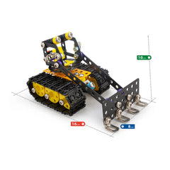 Yellow and black Ruspa construction set with tracks and a metal frame, featuring a bulldozer design with functional parts.