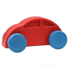 Red toy car with blue wheels on a white background, featuring simple, smooth design for toddlers.