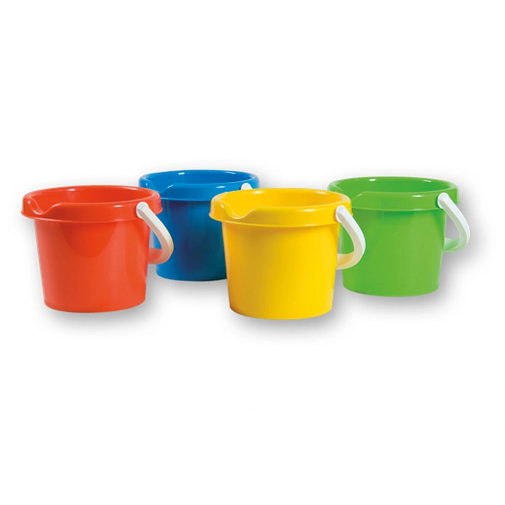 Four colorful Androni beach buckets in red, blue, yellow, and green with white handles arranged against a white background.