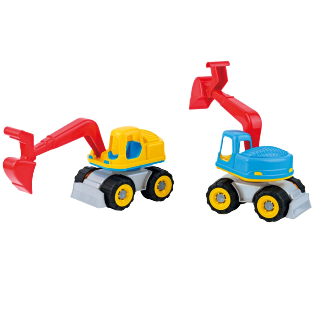 Two colorful plastic digger play vehicles; one yellow and red, the other blue and red, with robust wheels.