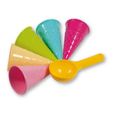 Vibrant plastic ice cream cones in pink, yellow, green, blue, with a matching yellow scoop. Ideal beach sand toys.