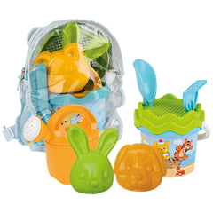 Colorful Androni sand toy set with bucket, sieve, shovel, rake, and backpack featuring playful animal designs.