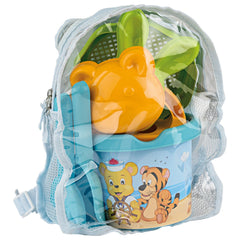 Clear backpack with sand toys, including a blue bucket with playful animal graphics, orange bear mold, green sieve, and blue tools.