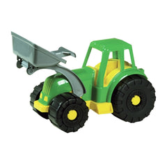 Green and yellow toy tractor with a gray digger shovel, large black wheels, ideal for imaginative play outdoors.