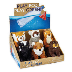 Animals of the Woods plush toys in assorted colors are displayed in a cardboard box with a clear plastic window.