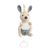 Soft beige kangaroo plush with blue ears, musical ring, and embroidered pouch, designed as a soothing baby carillon toy.