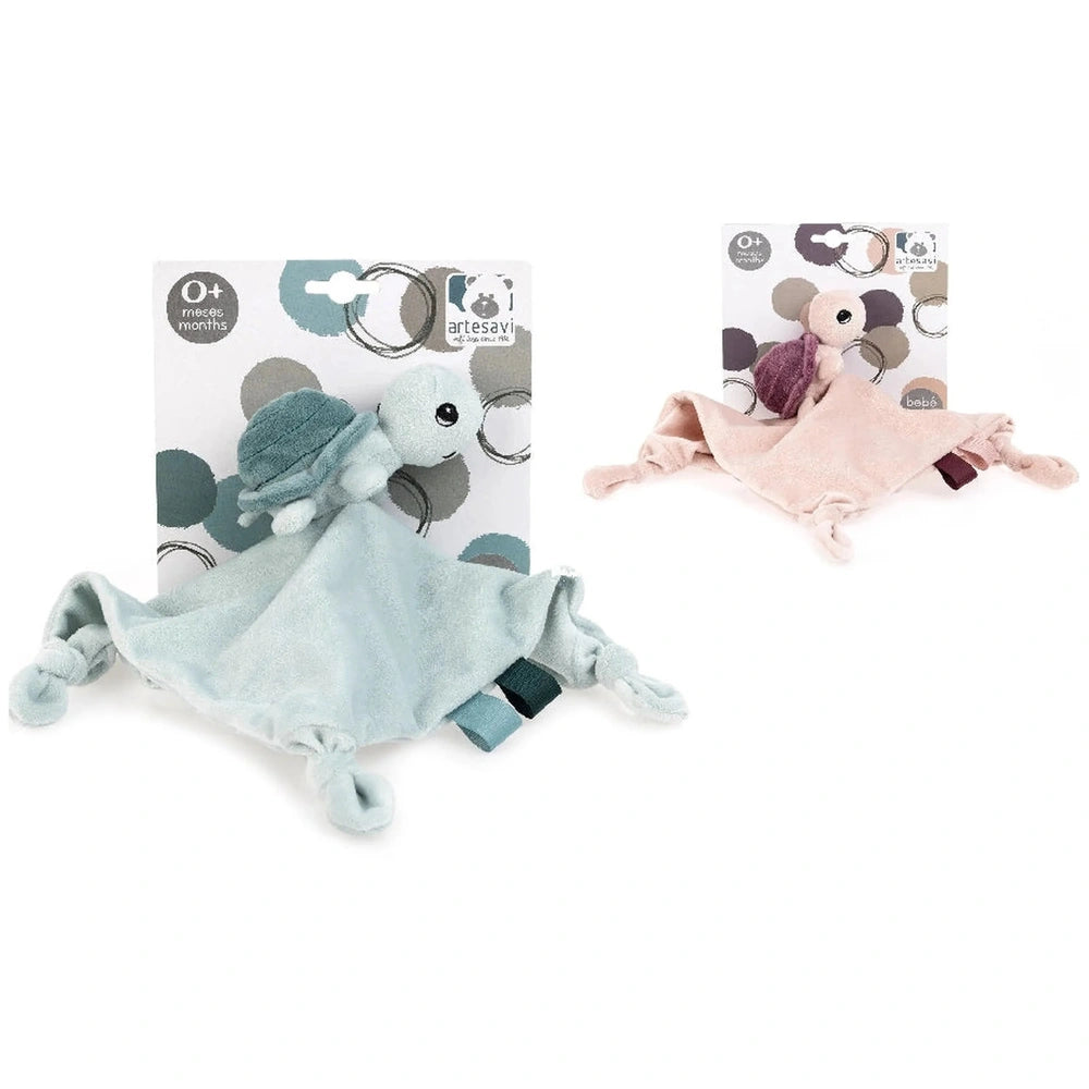 Blue and pink Artesavi Doudou Turtle Plush Rattle comforters, each with a soft turtle design on top.