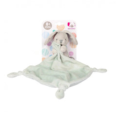 Artesavi Soft DouDou Rabbit plush toy in light gray, wrapped in a green blanket, designed for babies 1 month and older.